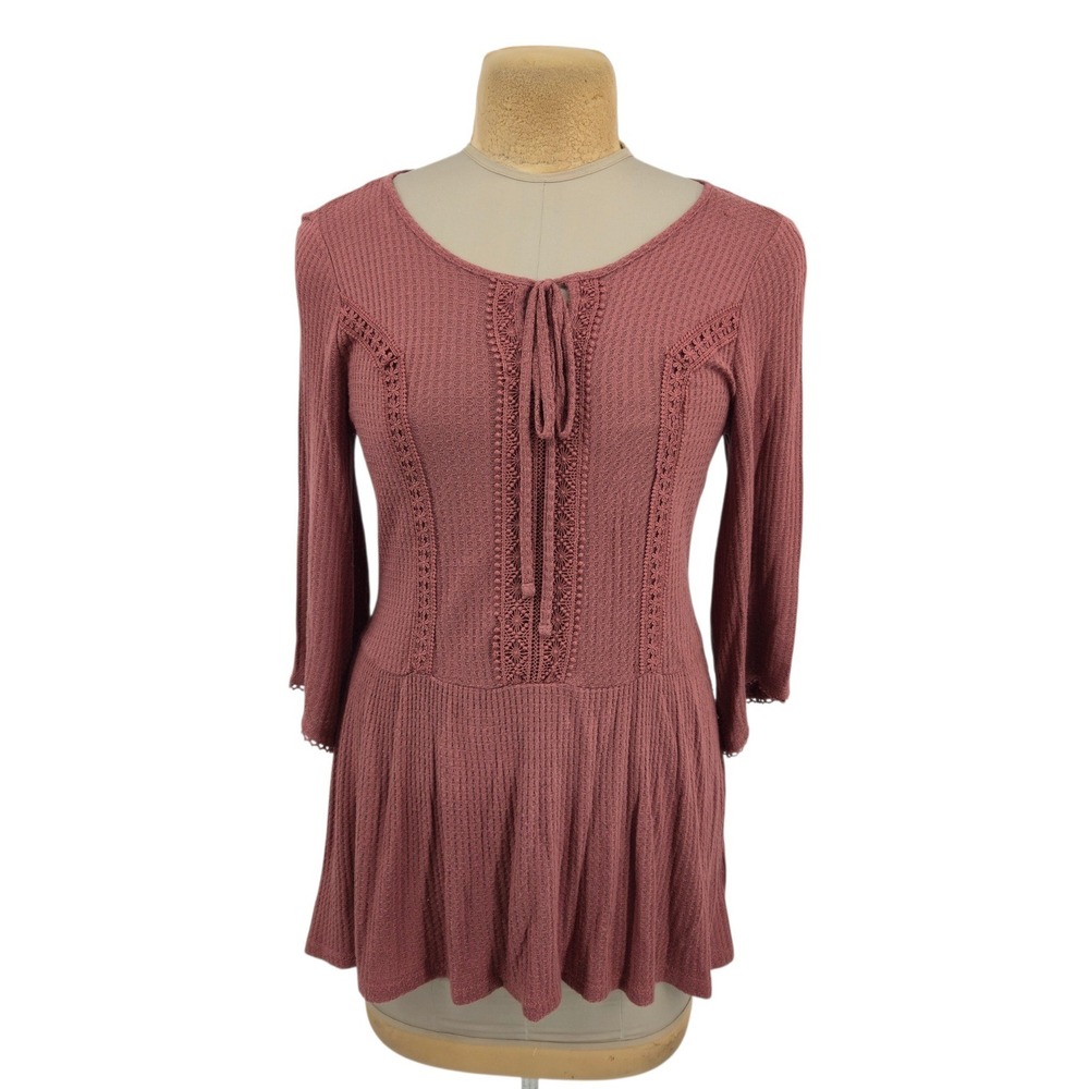 Unity World Wear Tunic Top Women Medium Mauve Pink Waffle Knit Crochet Peplum
